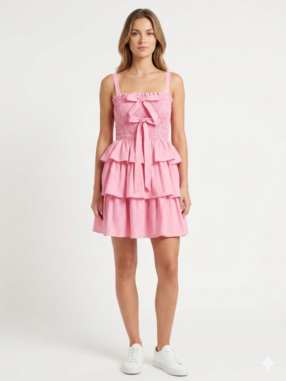 Women’s Pink Smocked Tiered Mini Dress Sleeveless Square Neck Boho Summer Dress